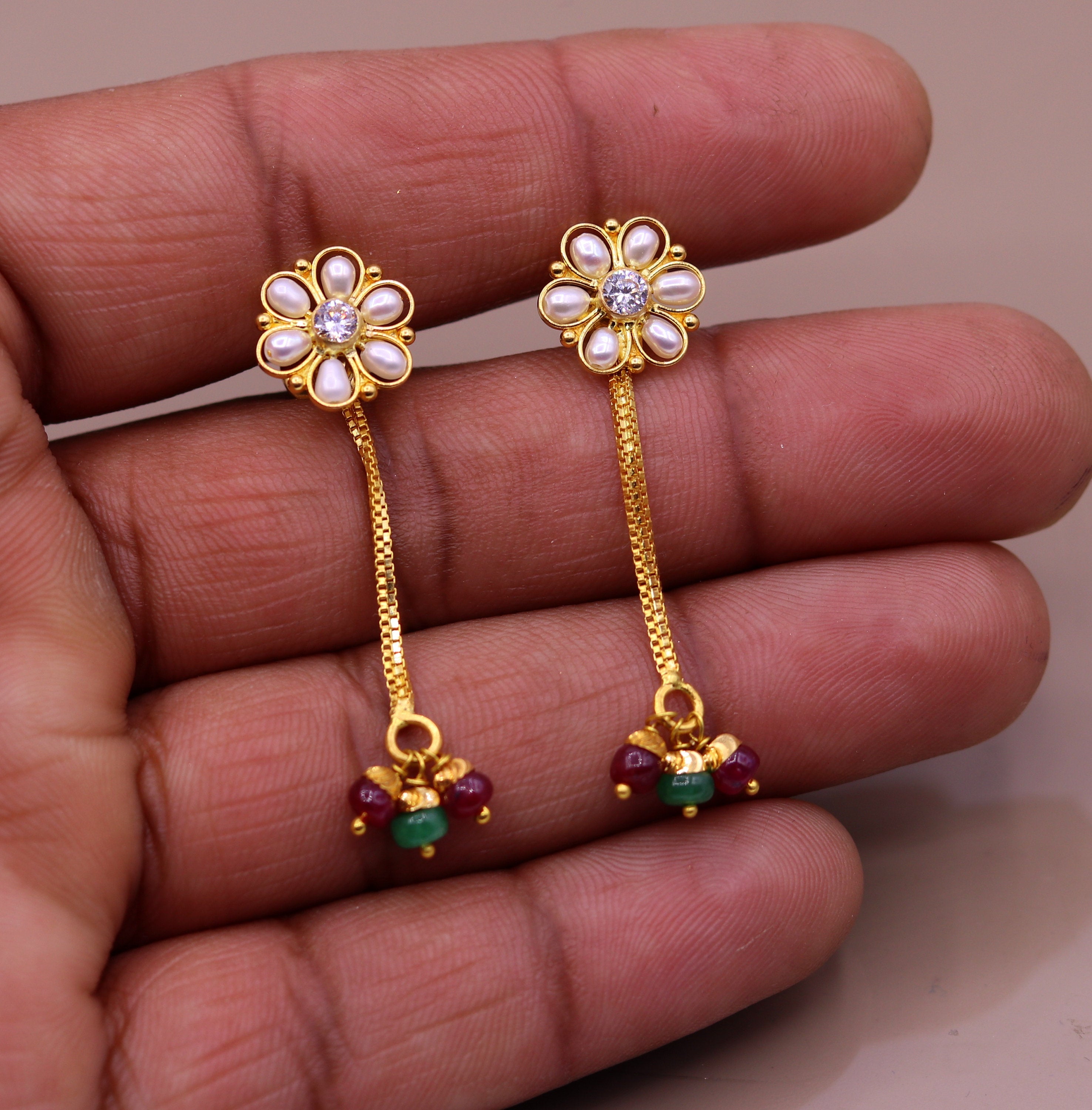 Rose gold earrings floral desing baby pink and cz stones with hangings –  Prashanti Sarees
